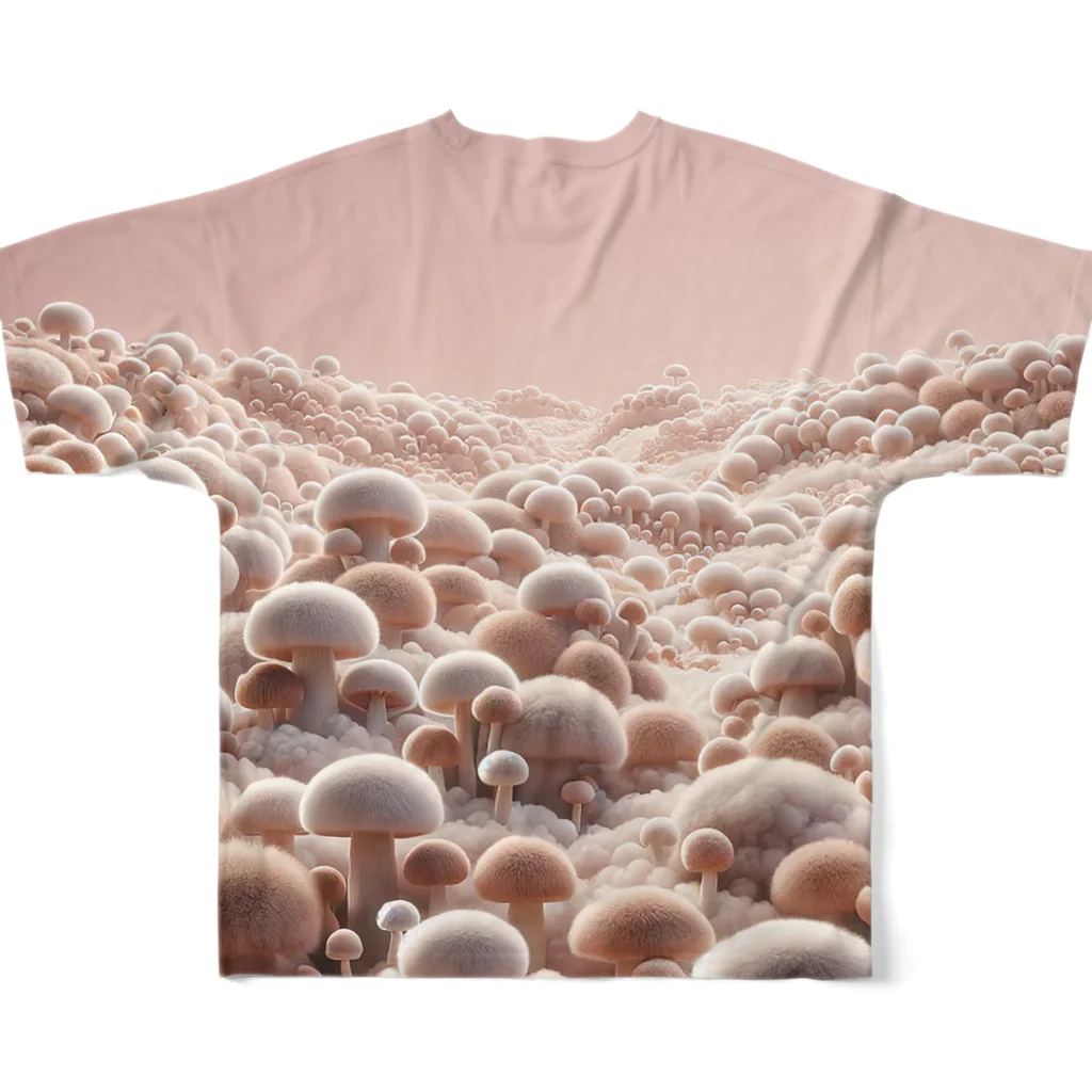 LOVE MUSHROOMのモフモフキノコの草原 All-Over Print T-Shirt :back