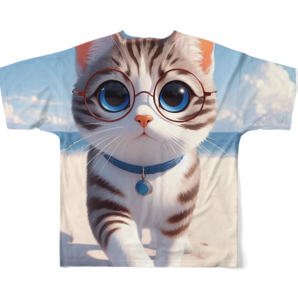 猫と紡ぐ物語の南国の海辺を歩く勇ましさに胸キュン猫 All-Over Print T-Shirt :back