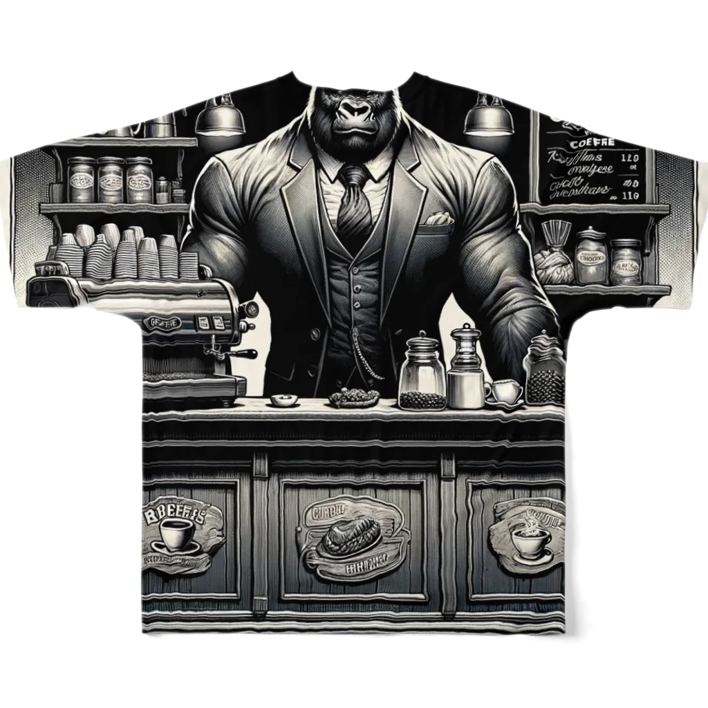 ゴリラショップのThe Mighty Gorilla Coffee Shop  All-Over Print T-Shirt :back