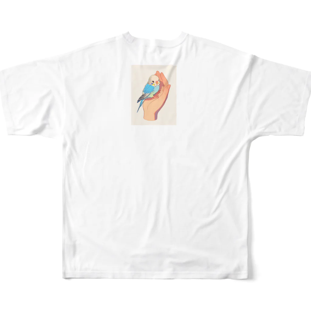 AQUAMETAVERSEの手のひらでおしゃべりセキセイインコの　BLUE PLUM  691 All-Over Print T-Shirt :back