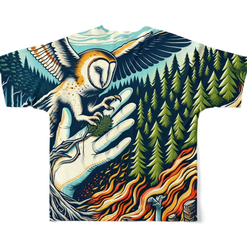 kotpopのThe Owl's Lament for the Disappearing Forests All-Over Print T-Shirt :back