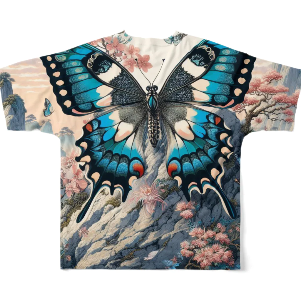 momonekokoの岩場の上で華やかに舞う蝶と咲き誇る花々 All-Over Print T-Shirt :back