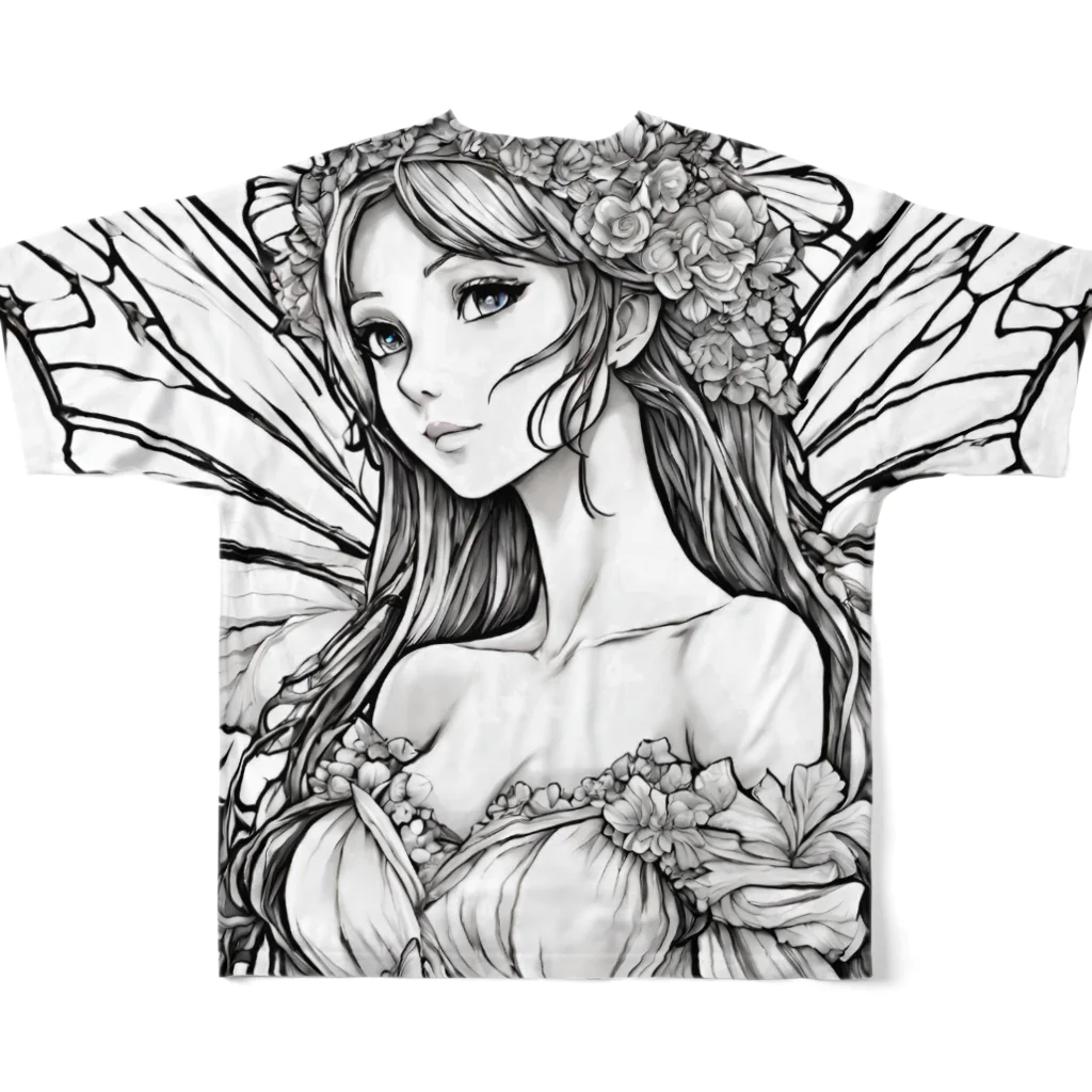 かるるんショップの妖精の花嫁シリーズ　モノトーン　バストアップ All-Over Print T-Shirt :back