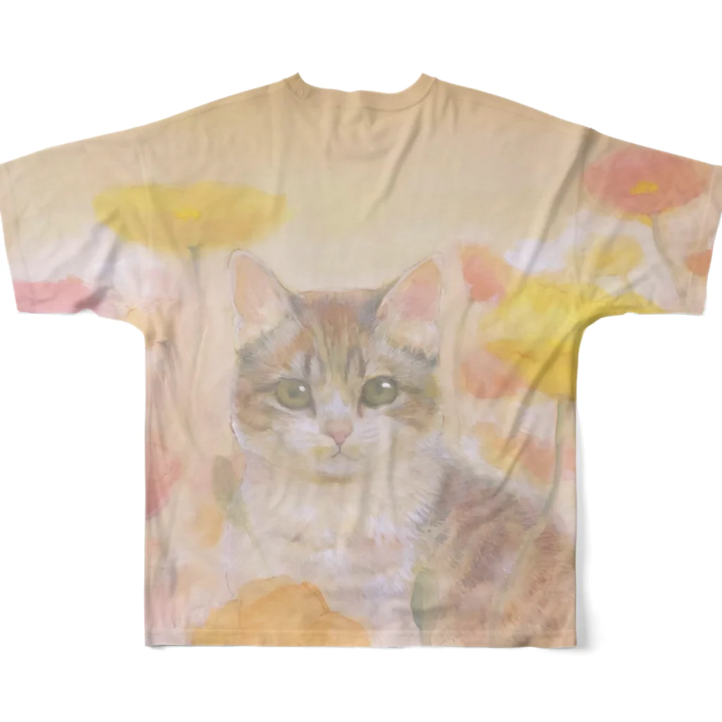 やさしい世界の子猫と花 フルグラフィックTシャツの背面