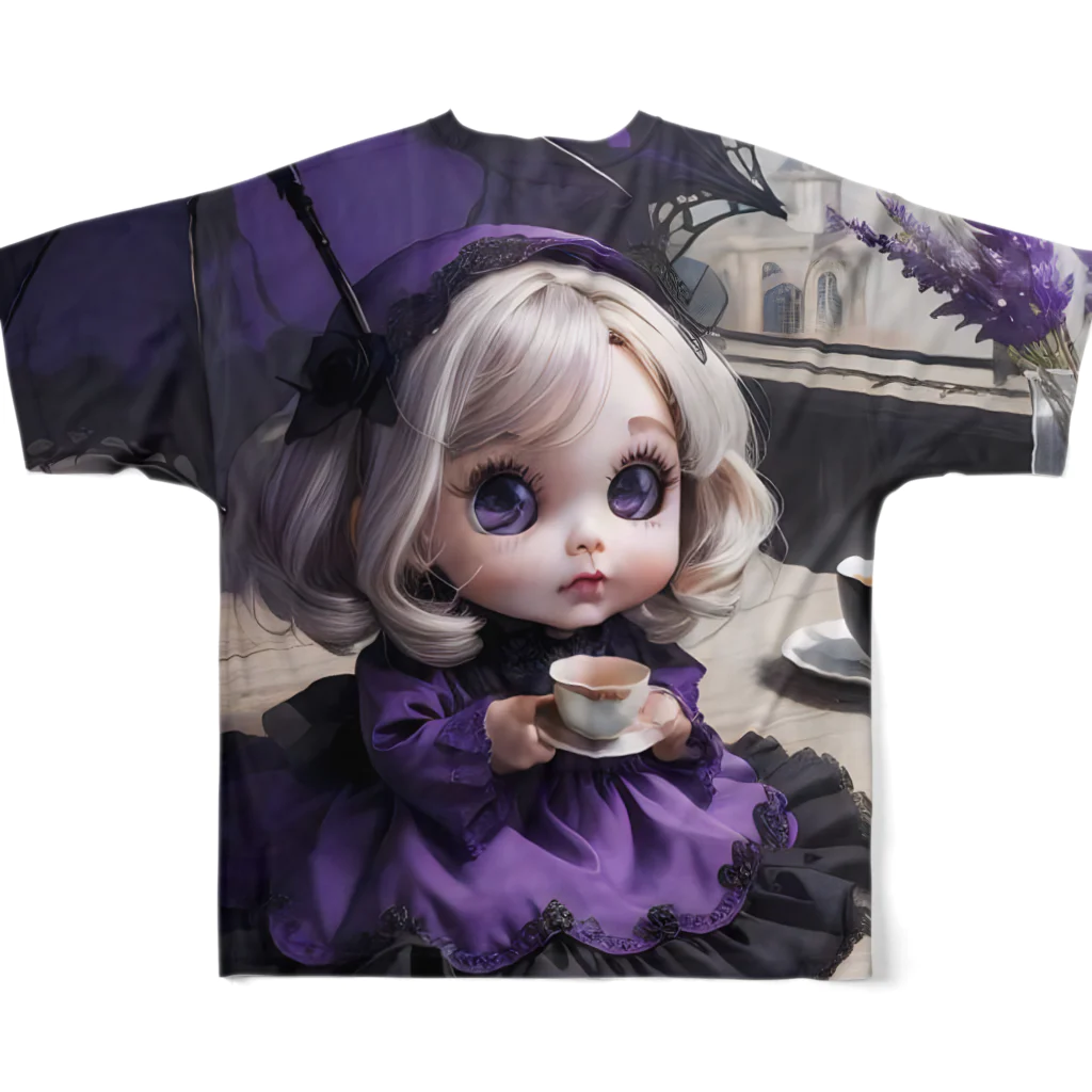 【ホラー専門店】ジルショップの黒と紫のゴシックドール フルグラフィックTシャツの背面