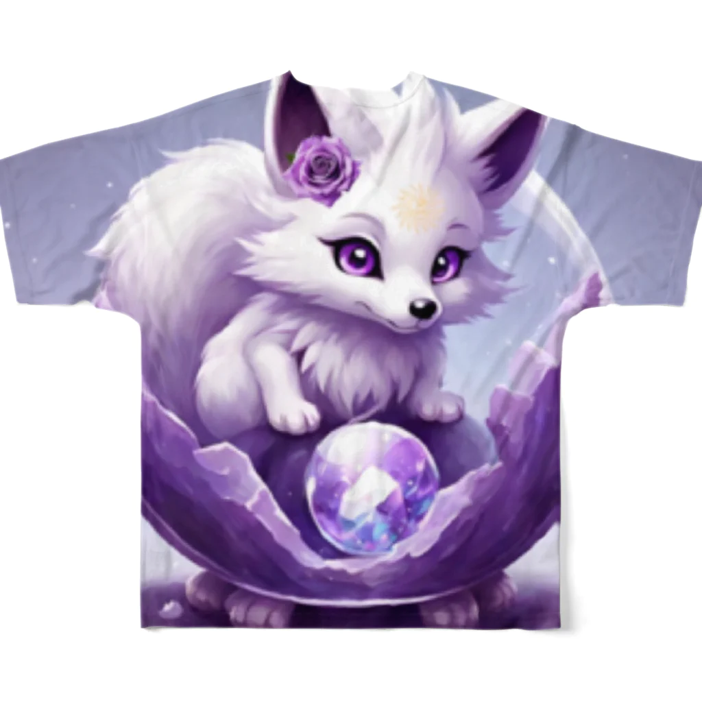 ノルンの館　キャラクターグッズShopのノルンの可愛い白狐九尾の双子プラムくん フルグラフィックTシャツの背面