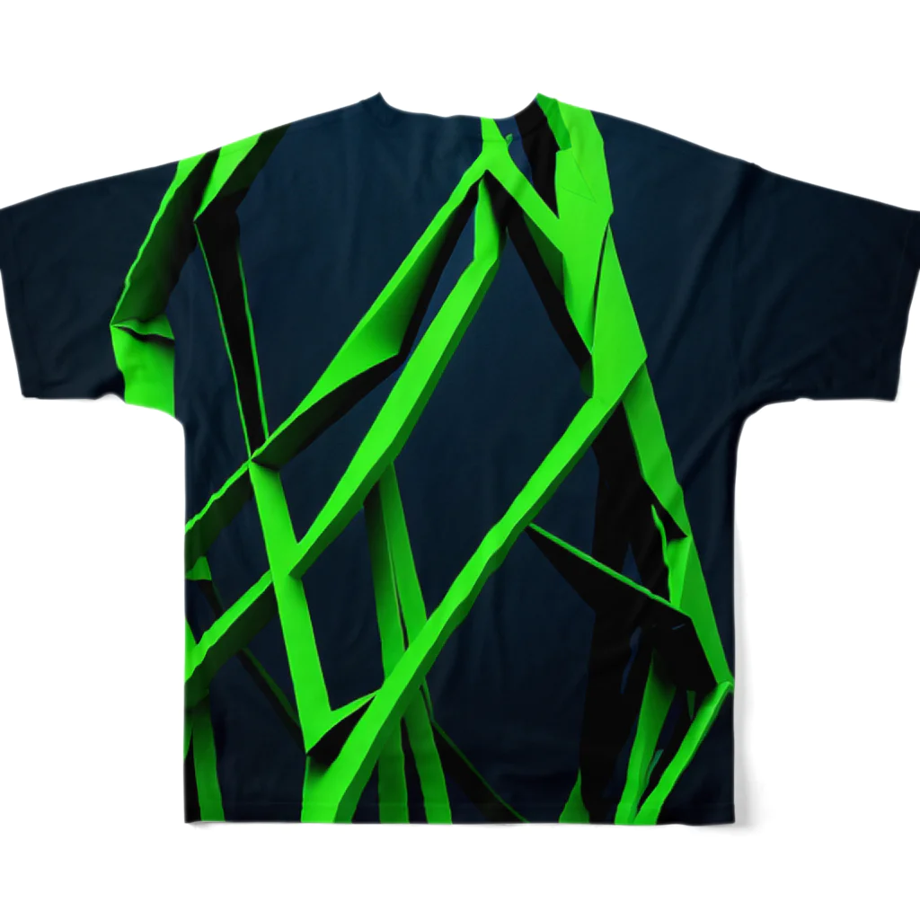 Equinoxのストリートテイスト、黒地に蛍光グリーンのストリート風メリハリパターン フルグラフィックTシャツの背面