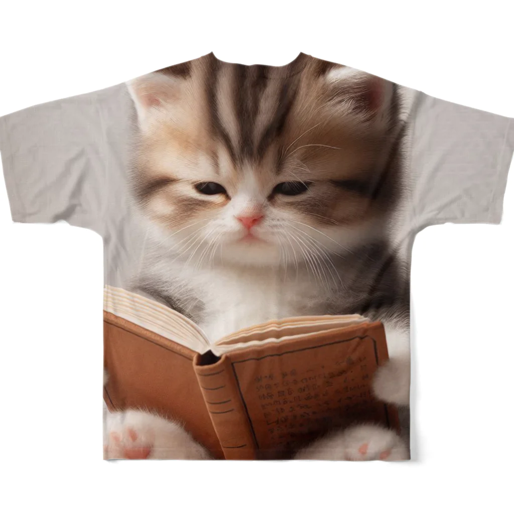 しんふぉショップの読書する赤ちゃんネコのグッズ All-Over Print T-Shirt :back