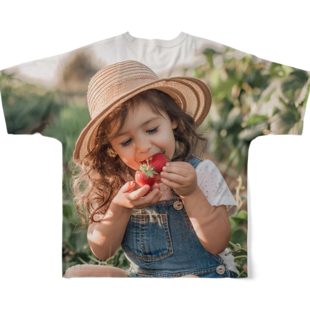 AQUAMETAVERSEの苺狩りで口にほうばんでいる女の子　ラフルール　1859 All-Over Print T-Shirt :back