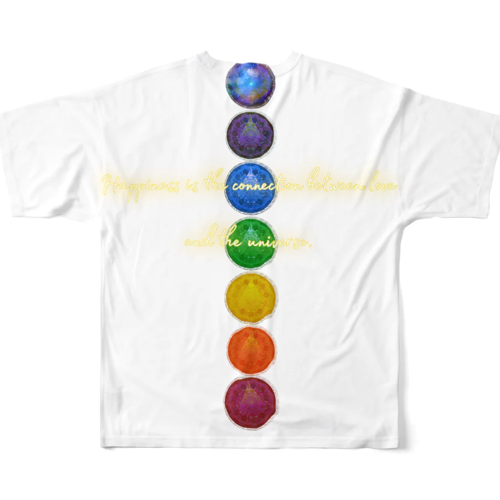 💖宇宙整体♪🌈♪こころからだチャンネル♪💖のHappiness is the connection between love and the universe. フルグラフィックTシャツの背面