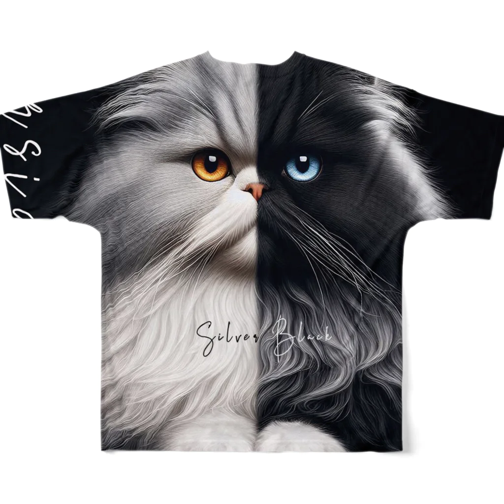 PALA's SHOP　cool、シュール、古風、和風、のPersian cat　Black&Gray All-Over Print T-Shirt :back