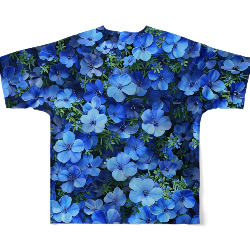 オンラインショップイエローリーフの鮮やかな青色の花　ネモフィラ フルグラフィックTシャツの背面