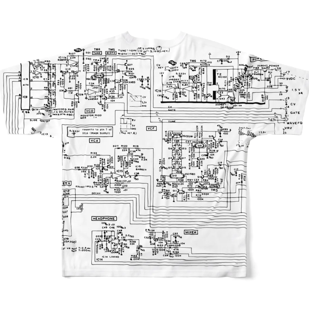 metao dzn【メタヲデザイン】のTB-303 回路図 フルグラフィックTシャツの背面