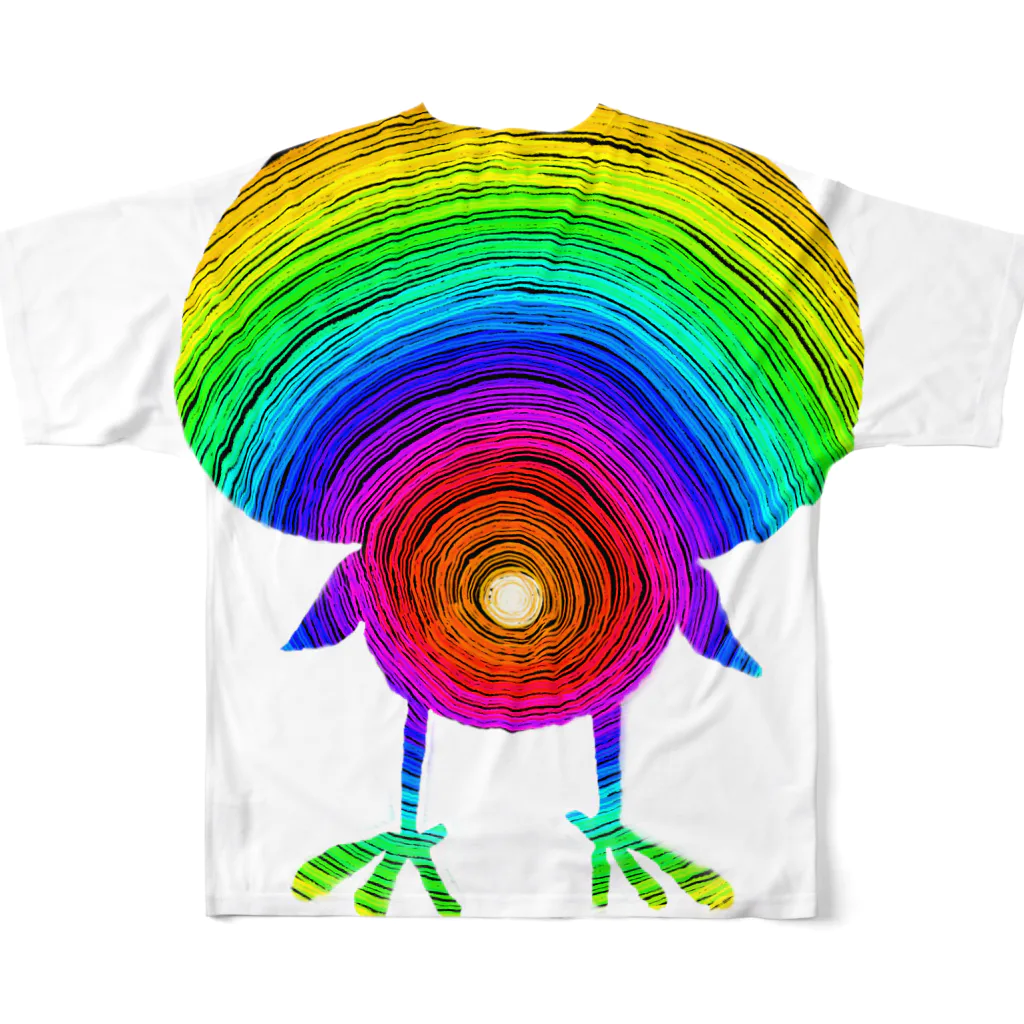 ひよ房の【バックプリント】のびのびヒヨコ🐤レインボー🌈ハッピー🎵 フルグラフィックTシャツの背面