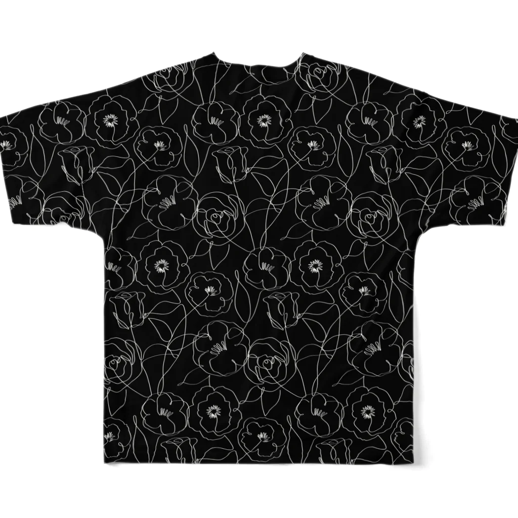 芋焼酎ロックの手描き風　花柄　線画　(黒) All-Over Print T-Shirt :back