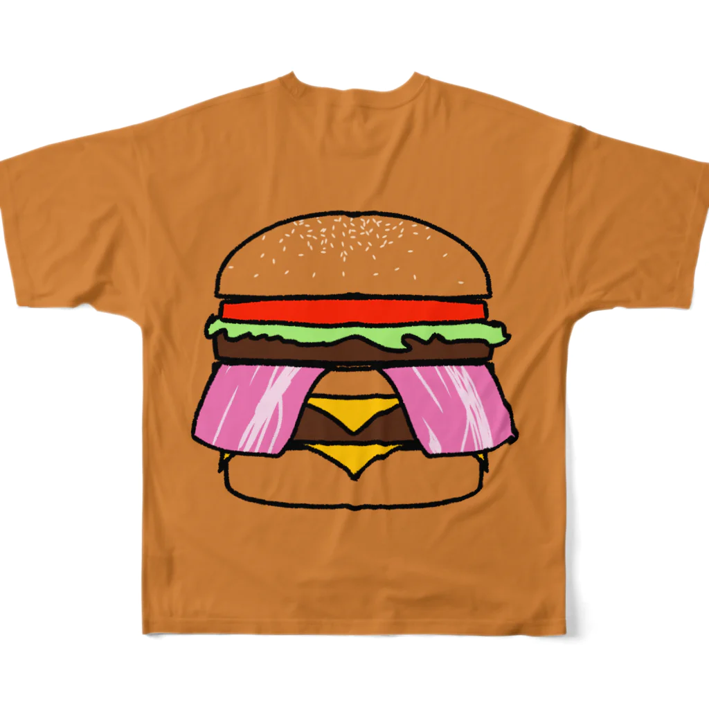 せせりのテキサスバーガーブラウン フルグラフィックTシャツの背面