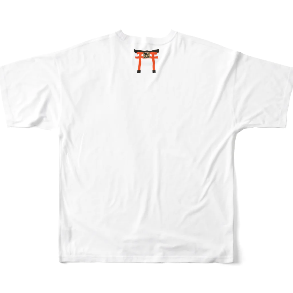 兎工房：宇佐兎三(うさうさん)ショップの宇佐兎三ｘモンキータイム　乙杯神社 All-Over Print T-Shirt :back