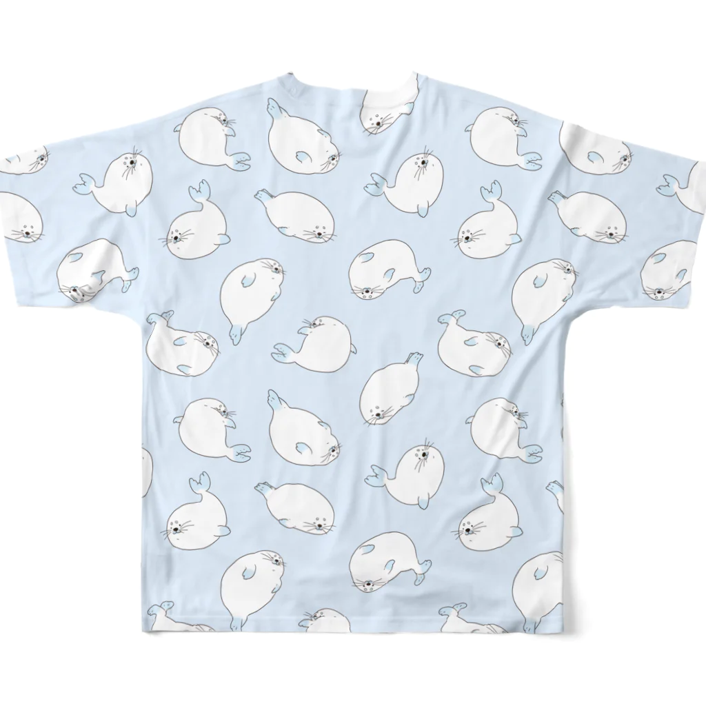 YouStoreのアザラシがいっぱい（パステルブルー） フルグラフィックTシャツの背面