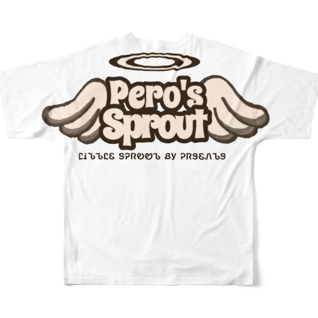 Pero'sSprout(ペロの芽)のセピア色のロゴ入り All-Over Print T-Shirt :back