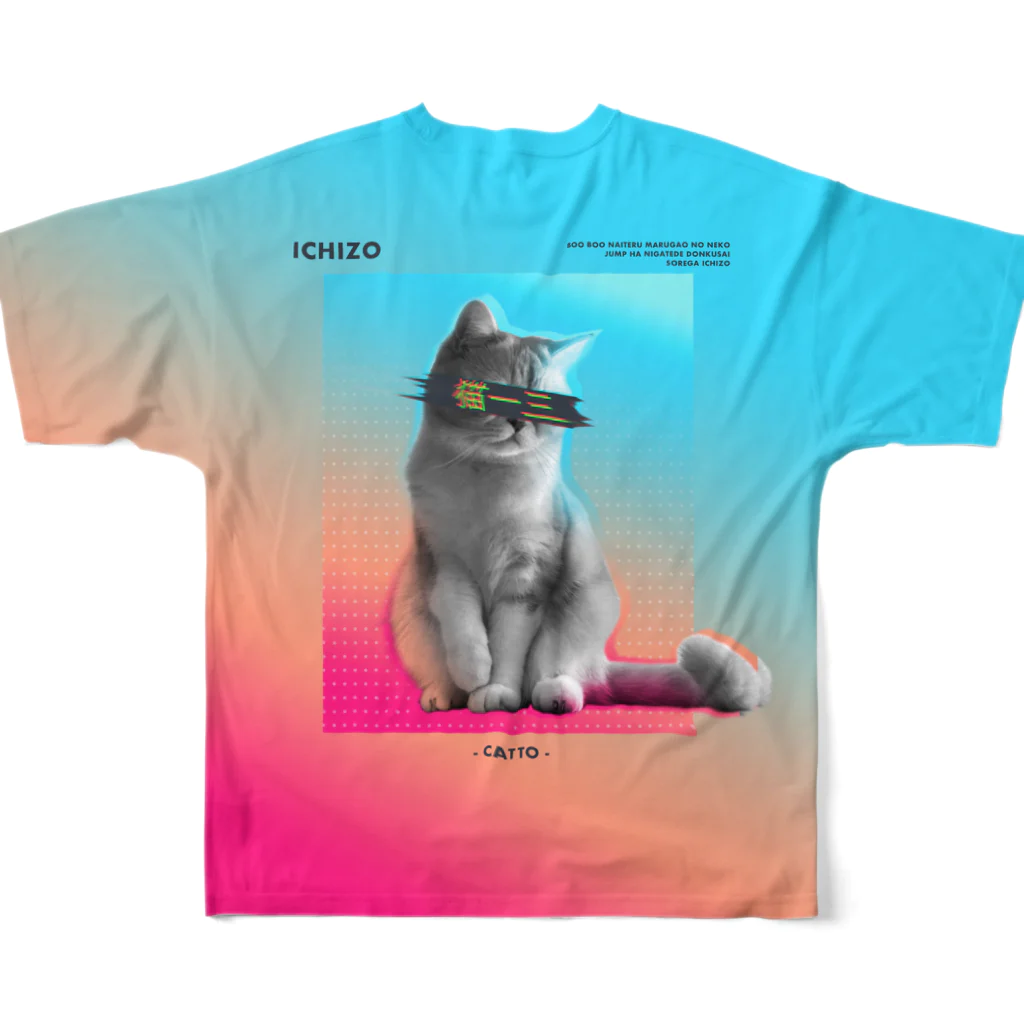 猫ICHIZO公式グッズの目線猫一三 フルグラフィックTシャツの背面