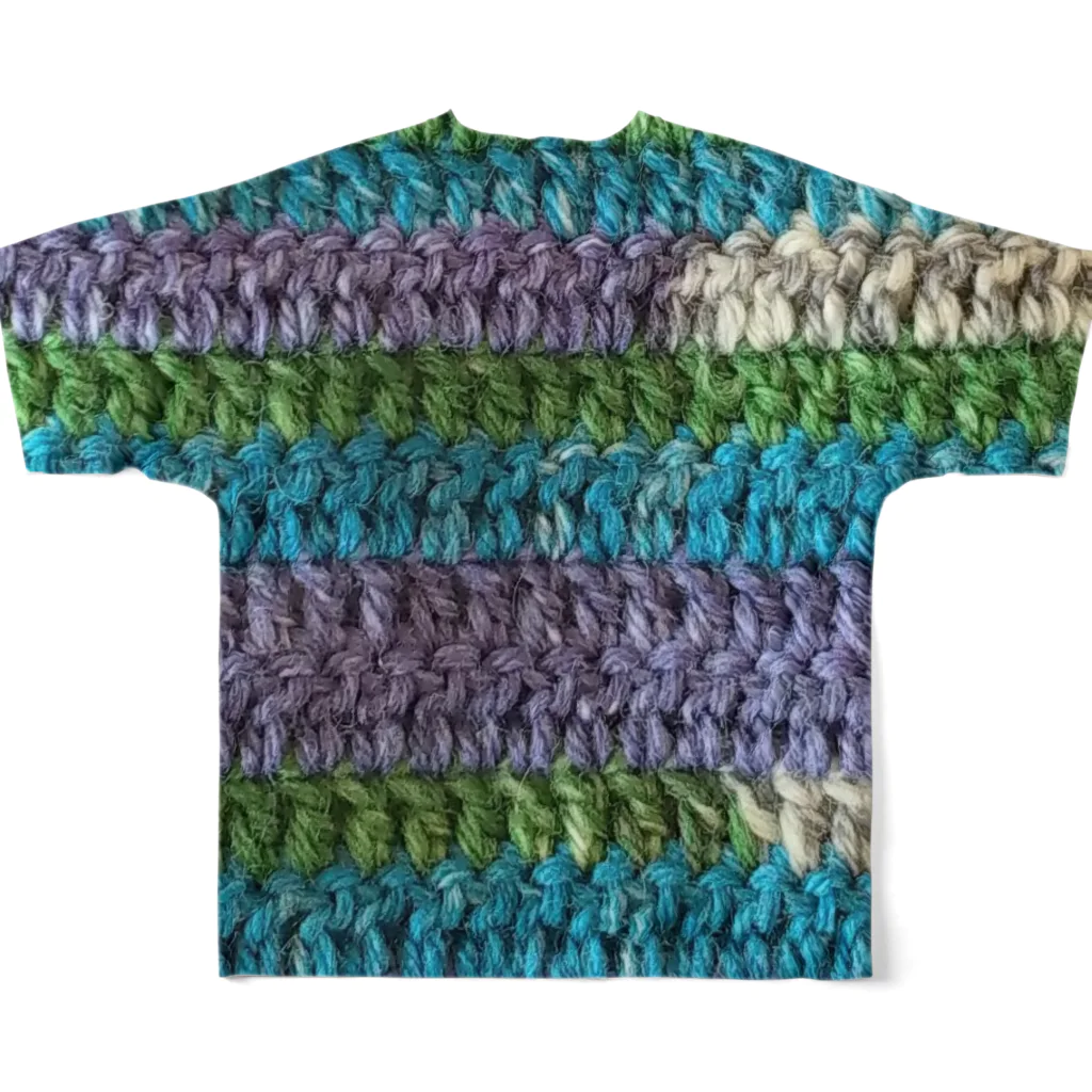 sandy-mのウール毛糸 手編み柄 カラフル ブルー系 フルグラフィックTシャツの背面