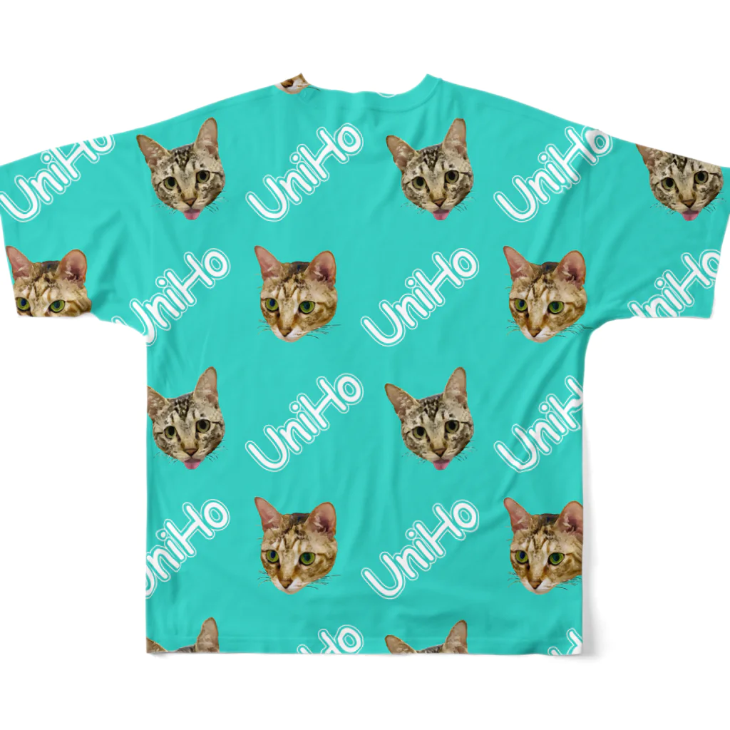 UniHo(うにほ)／愛猫 ネコグッズのUniHo 猫ズ総柄 パステルグリーン フルグラフィックTシャツの背面