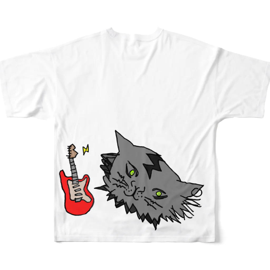ロルカフェ。のグレた猫はエレキギターを弾く。 フルグラフィックTシャツの背面