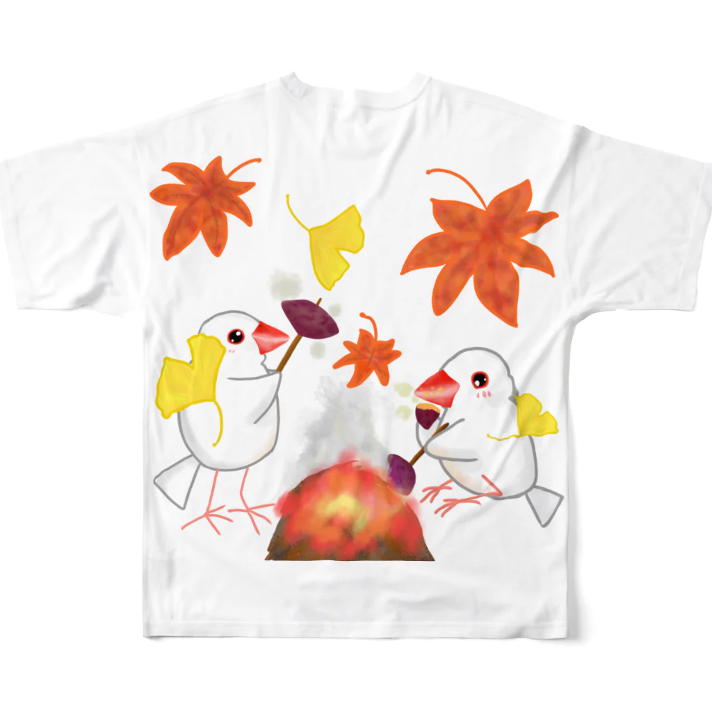 Lily bird（リリーバード）の落ち葉と焼き芋と文鳥ず フルグラフィックTシャツの背面