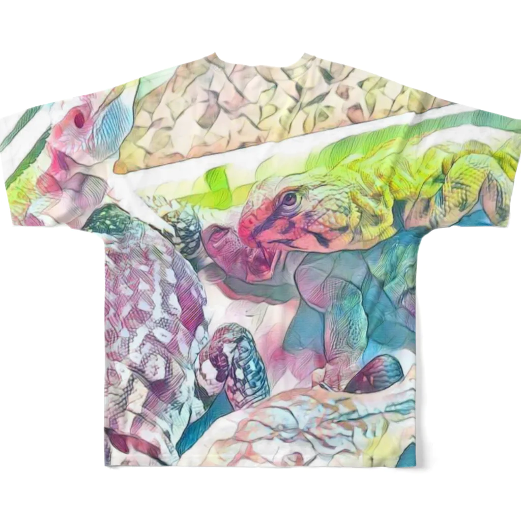 ﾌﾗﾜｰﾎｴｰﾙ　とかげのちづっこのトカゲ大集合☆  ピンク✕グリーン All-Over Print T-Shirt :back