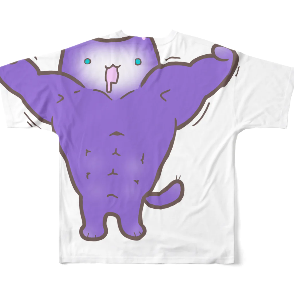 心削ぎのきんにく紫猫 フルグラフィックTシャツの背面