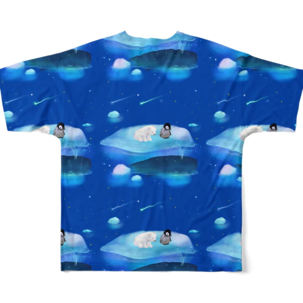 NORIMA'S SHOP の漂流した氷の上でクジラを眺めるしろくまくんとペンギンちゃん All-Over Print T-Shirt :back