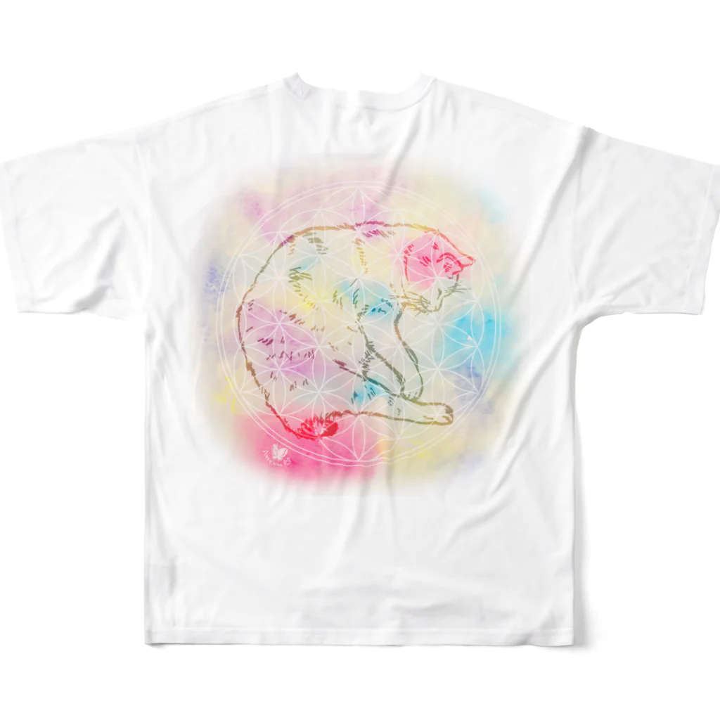 Antenna Mのフル　ねこフラワーオヴライフ・ねこと蝶 All-Over Print T-Shirt :back