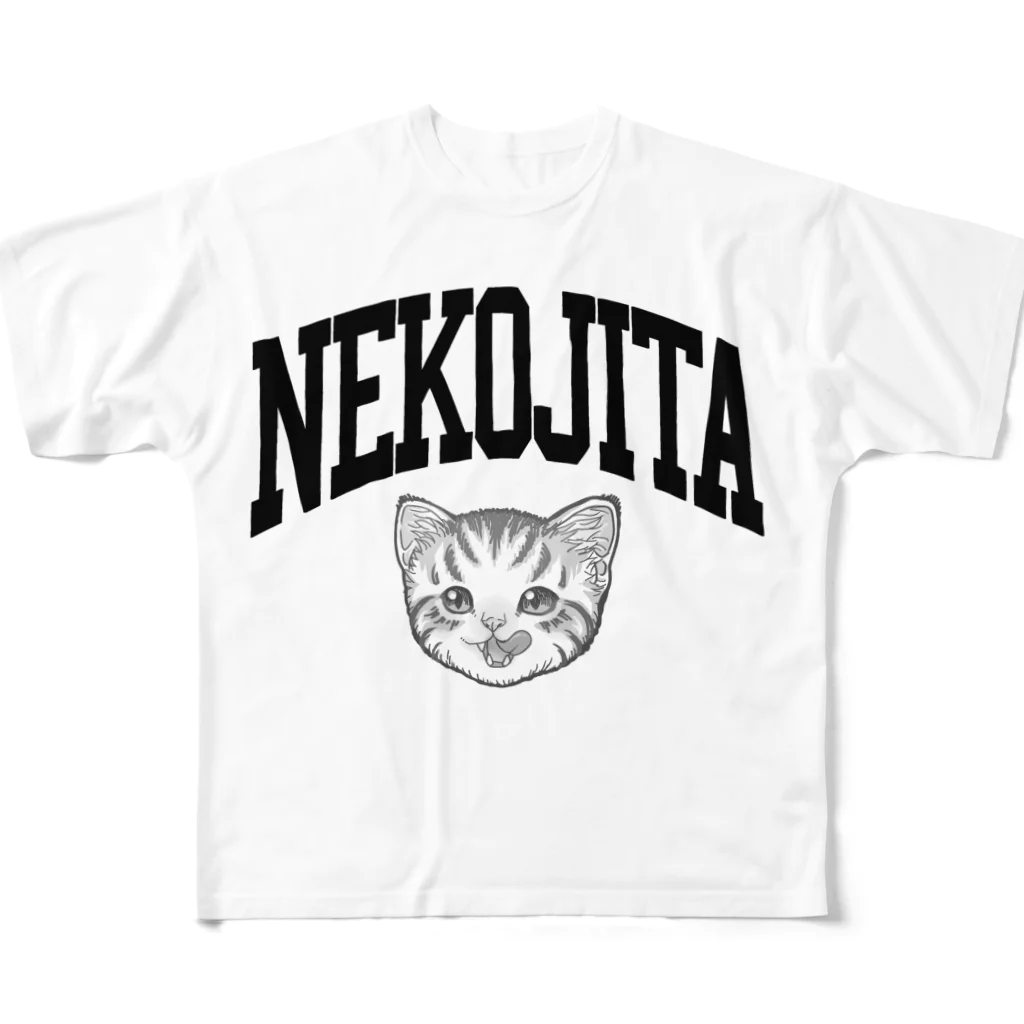 nya-mew（ニャーミュー）の猫舌カミングアウト_グレー フルグラフィックTシャツ