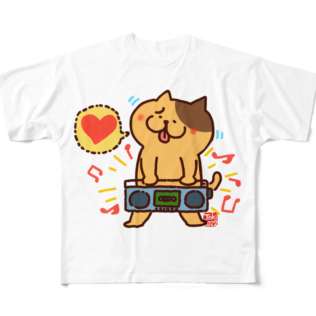 tokisanのラジカセ大好き猫 フルグラフィックTシャツ