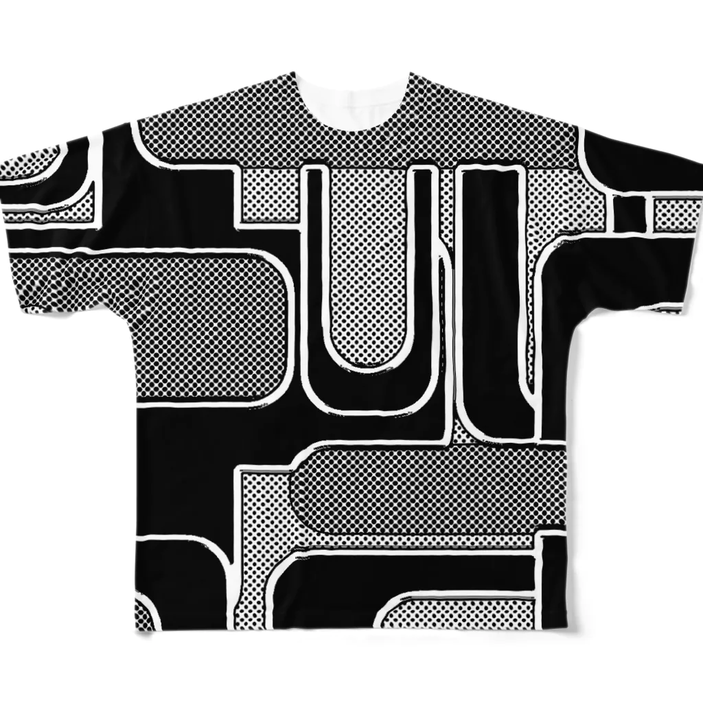 昭和レトロポップ屋さんのモノクロ四角いレトロモダン柄 フルグラフィックTシャツ