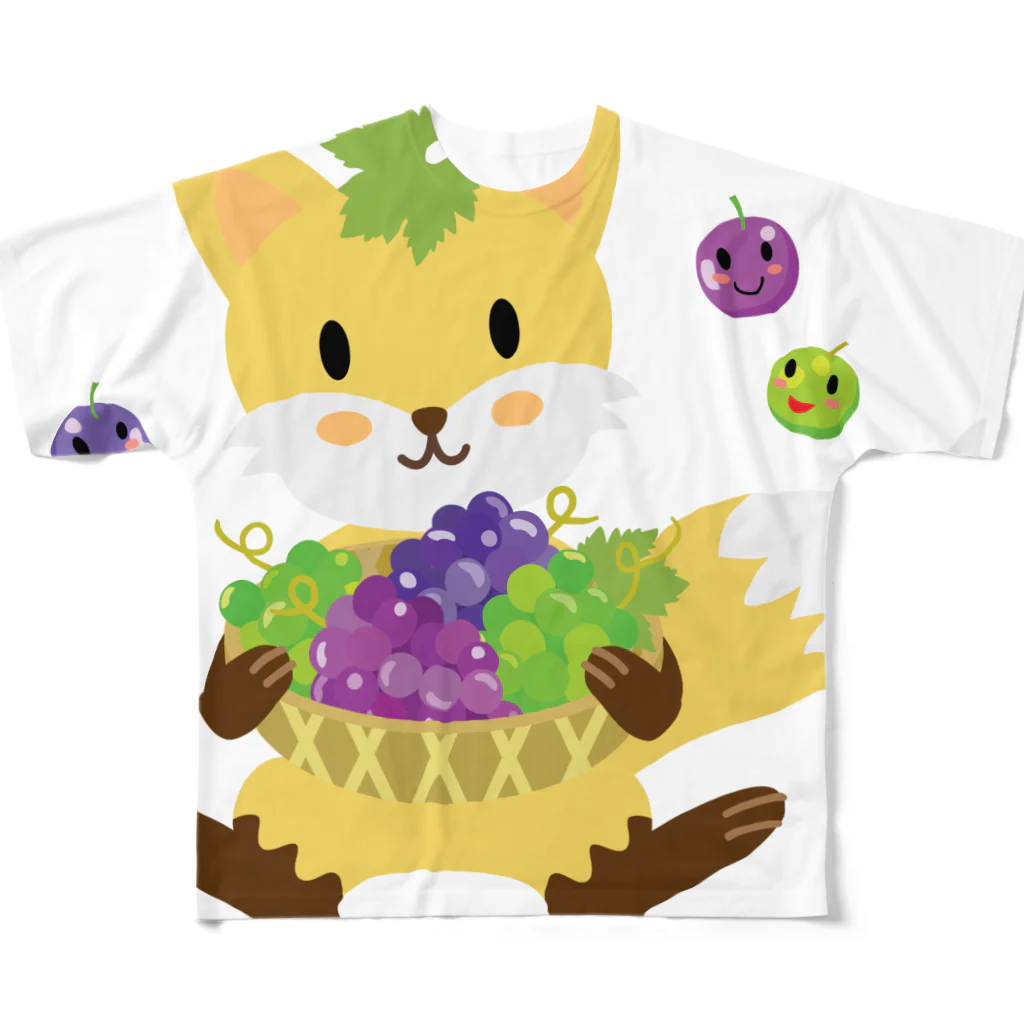 ばんぶーむーんのお店😺のかわいいキツネとブドウ フルグラフィックTシャツ