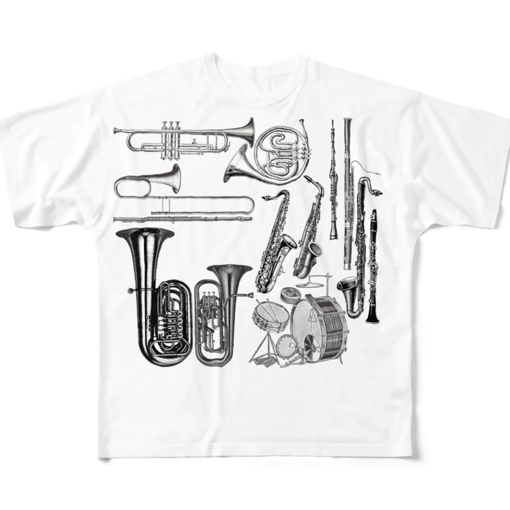 音楽雑貨でぶねこの楽器柄 All-Over Print T-Shirt