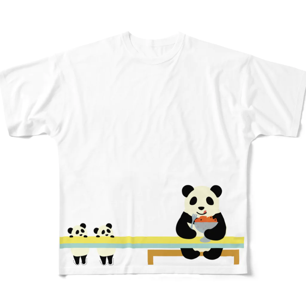 エミリオの子供に内緒でスイカを食べるパンダママと勘付いた双子パンダ All-Over Print T-Shirt