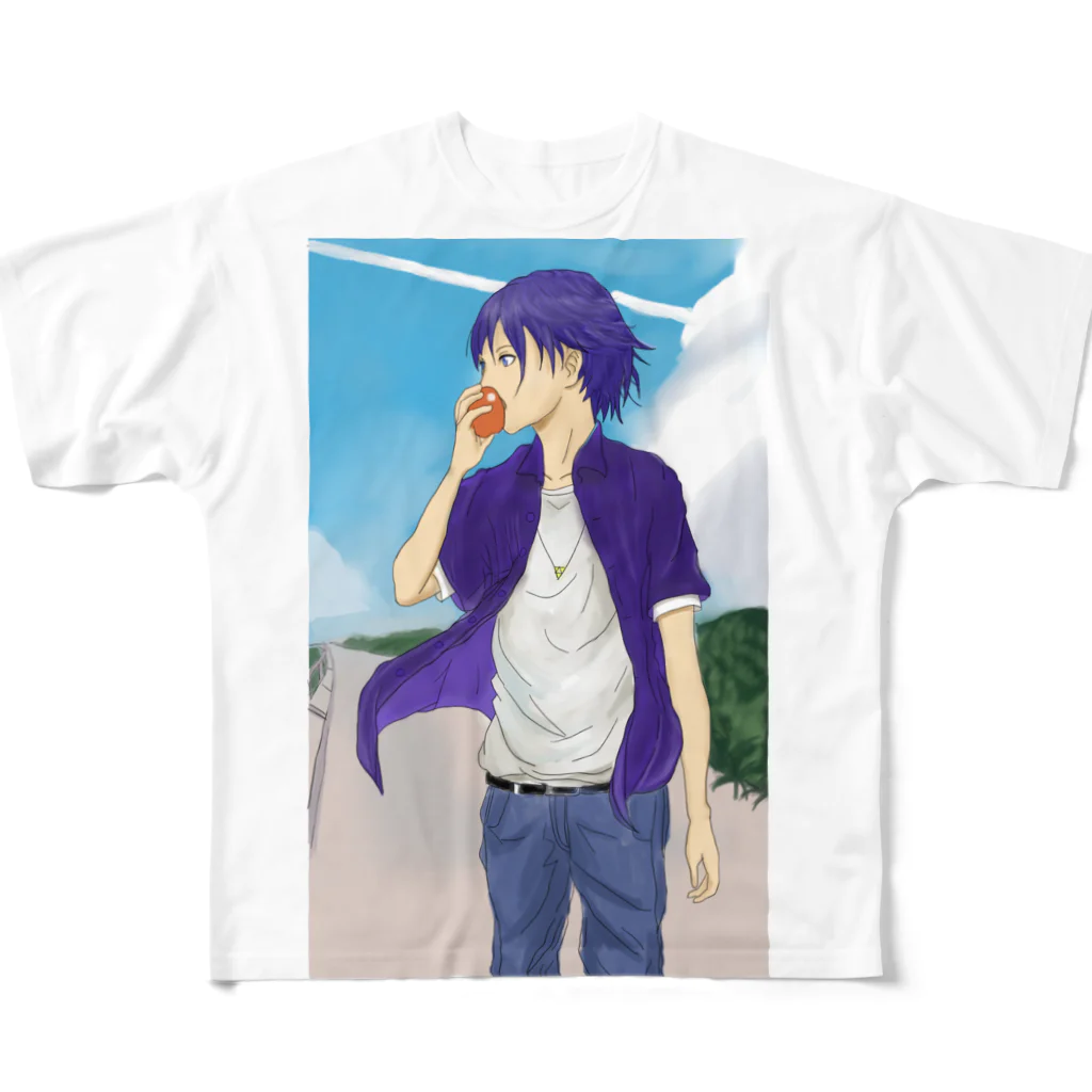 八咫烏帽子の鳥小屋の青の青年 All-Over Print T-Shirt