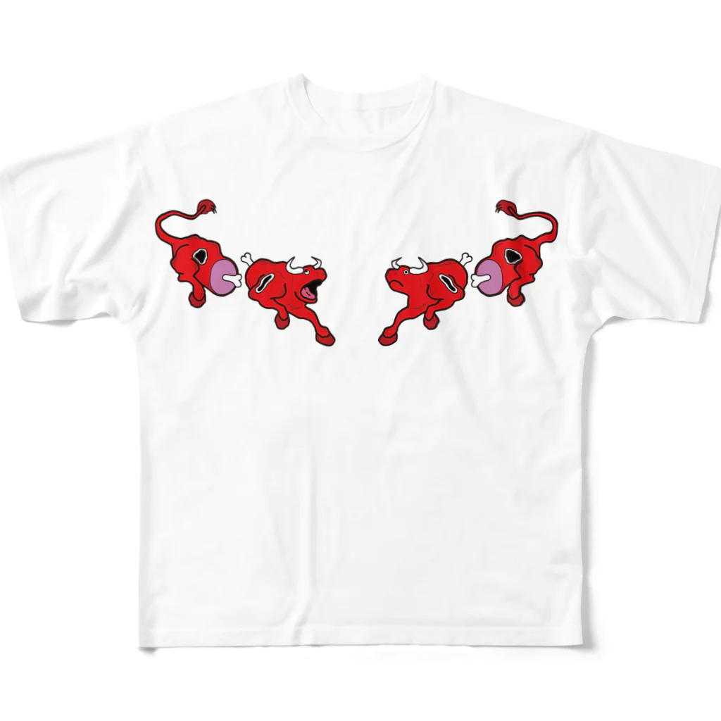 会津・赤ベコ＆ヒーロー販売所の会津・赤ベコ風阿吽猛牛肉 All-Over Print T-Shirt