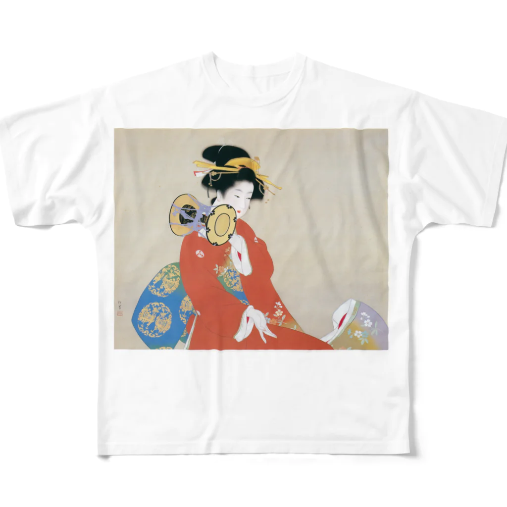 寿めでたや(ukiyoe)のUkiyoe  浮世絵　上村松園・鼓の音 フルグラフィックTシャツ