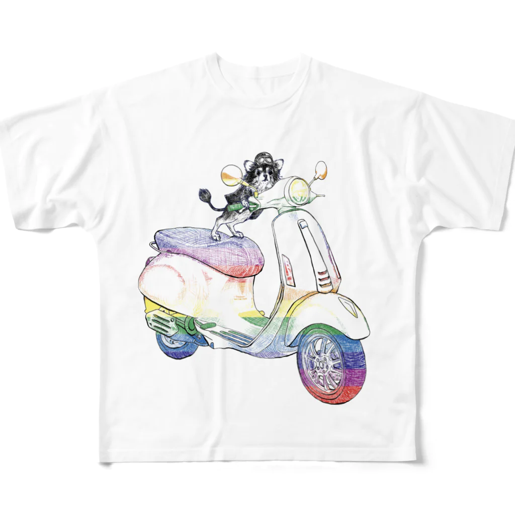 N谷スタジオのチワワのすっちゃんバイクに乗る〜レインボーバージョン〜 All-Over Print T-Shirt