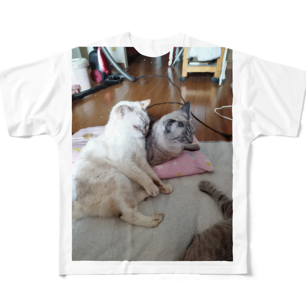 ねこの森でお散歩のお座りポテチちゃん達の談笑 フルグラフィックTシャツ