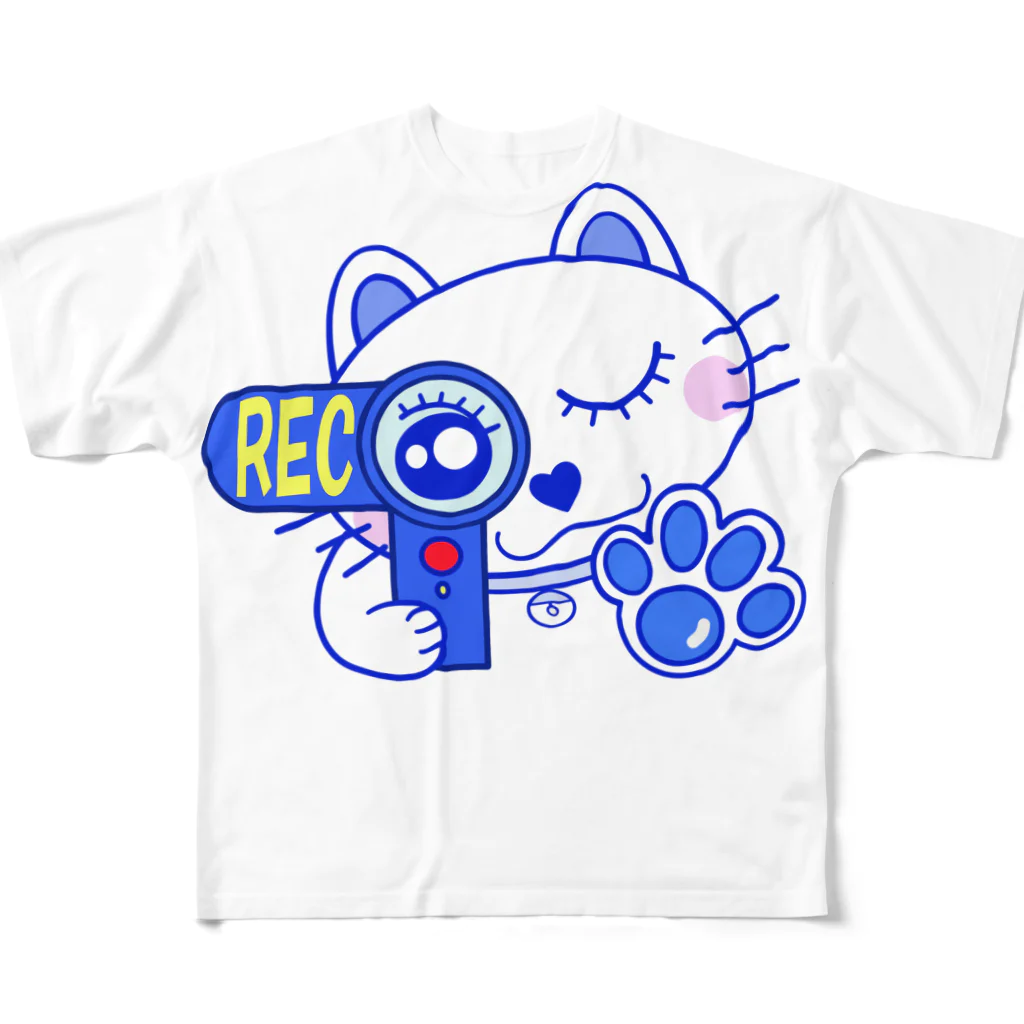 ReShellyのキャット/ブルー/猫/REC フルグラフィックTシャツ