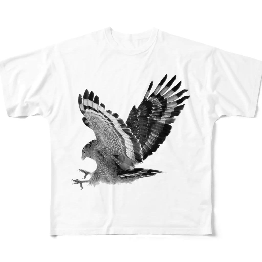 WILDBIRD GOODS SHOPのカンムリワシ・モノクロ フルグラフィックTシャツ