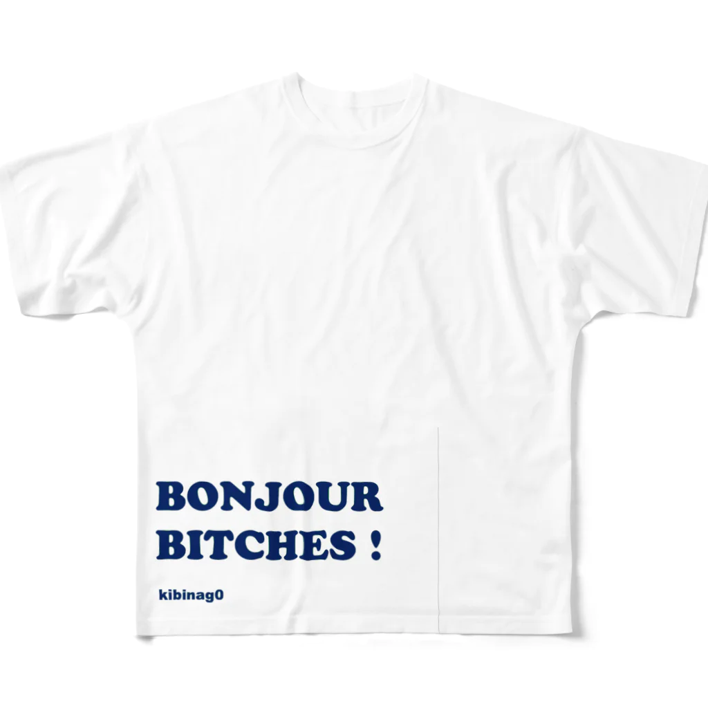 きびなご@フランス留学生デザイナーのBonjour Bitches （文字色ネイビー） All-Over Print T-Shirt