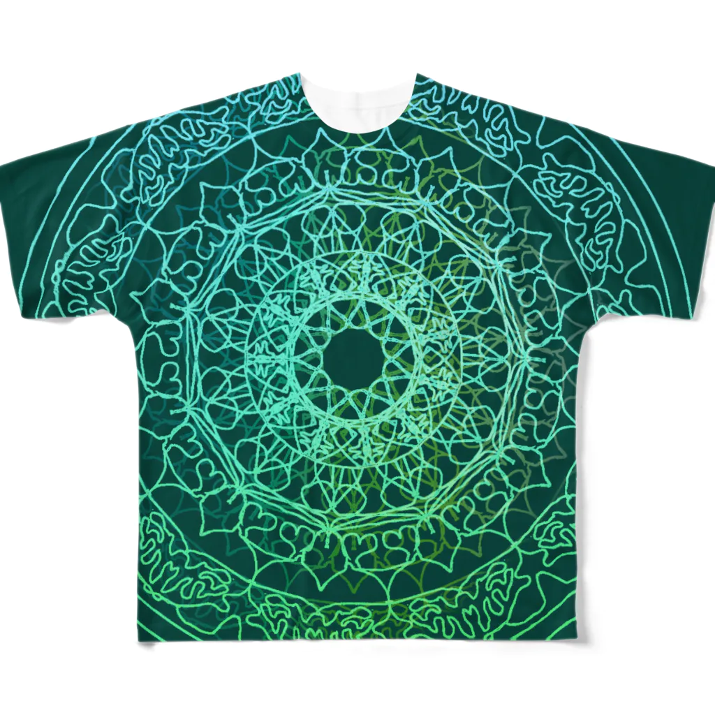 💖宇宙整体♪🌈♪こころからだチャンネル♪💖の母星回帰曼荼羅　moss green version All-Over Print T-Shirt
