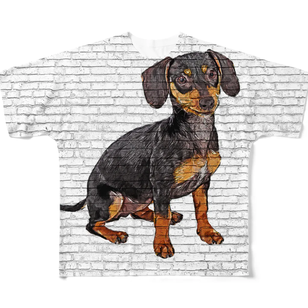 【CPPAS】Custom Pet Portrait Art Studioのかわいいダックスフントの子犬 - レンガブロックの背景 フルグラフィックTシャツ