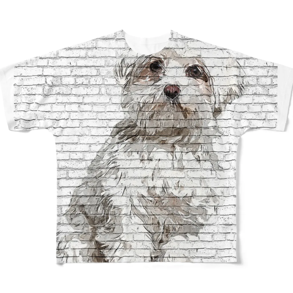 【CPPAS】Custom Pet Portrait Art Studioの マルチーズドッグ - レンガブロック背景 All-Over Print T-Shirt