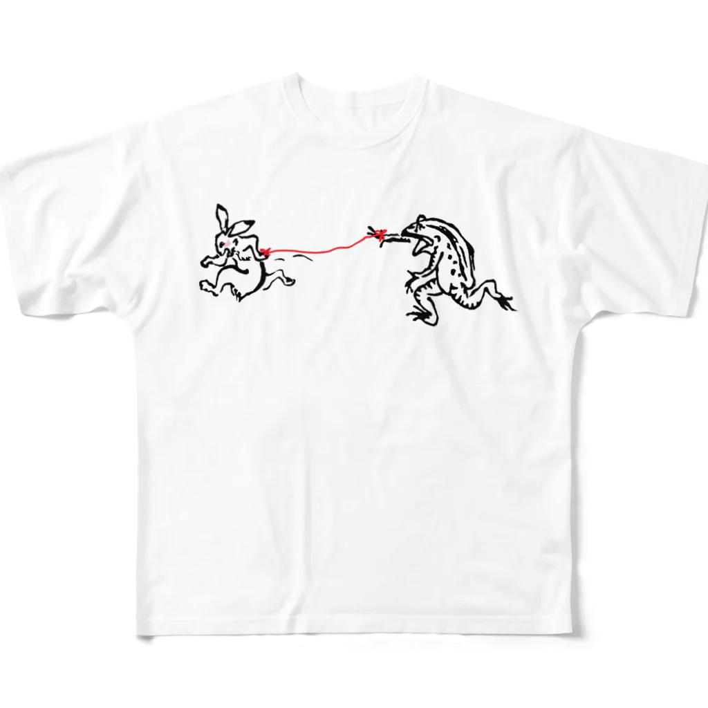 モルTの鳥獣人物戯画　ウサギカエル　赤い糸 All-Over Print T-Shirt